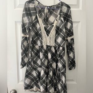 Free people black and white long sleeve plaid tartan mini dress - size small